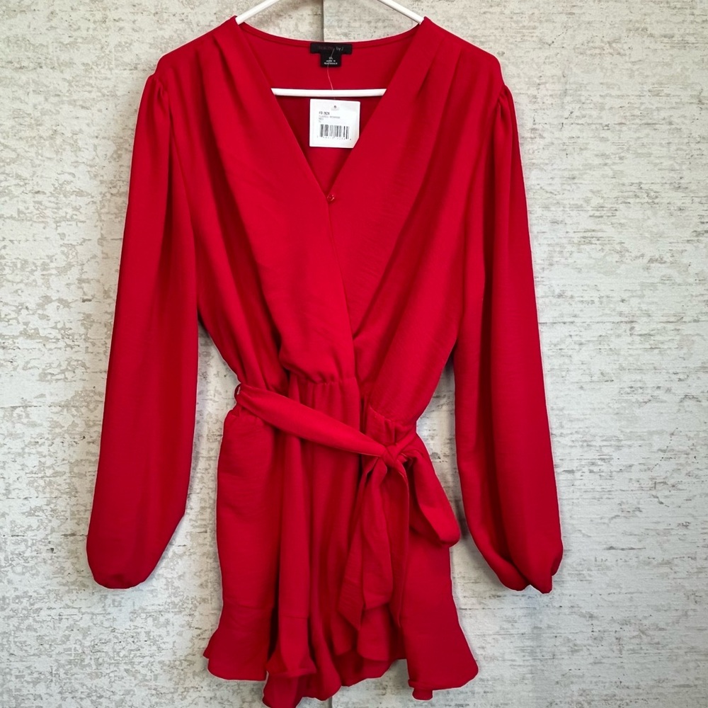 Forever 21 Red Long-Sleeve Wrap Jumpsuit